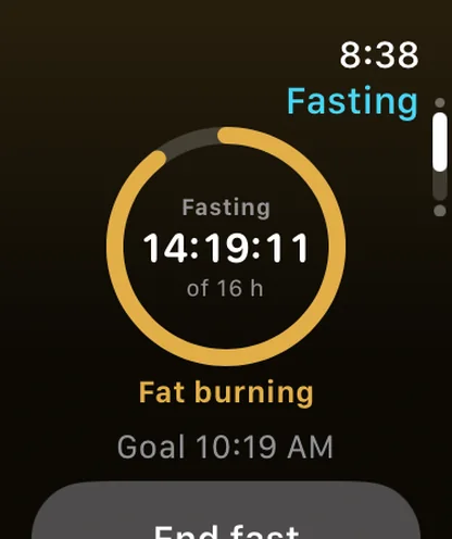 Vitaclaris on Apple Watch: Fasting, 14 hours 19 minutes of a 16-hour goal, in the fat-burning stage, with End fast.