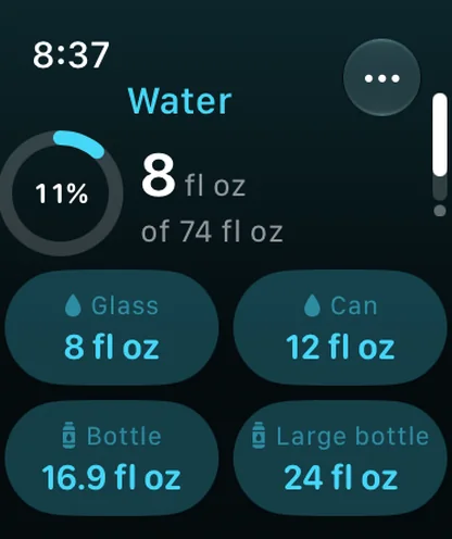 Vitaclaris on Apple Watch: Water, 8 of 74 fl oz today, 11%, with buttons for a glass, a can, a bottle and a large bottle.