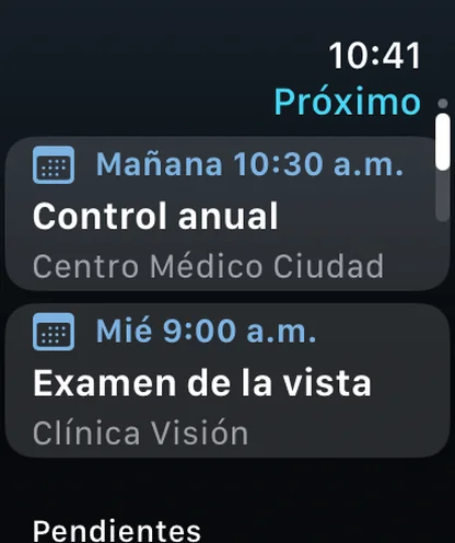 Vitaclaris en el Apple Watch: Próximo, con un control anual mañana a las 10:30 a.m. y un examen de la vista el miércoles a las 9:00 a.m.