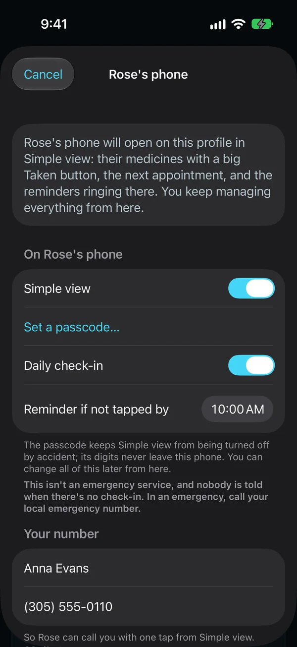 Setting up a parent's phone from yours: it will open on their profile in Simple view, with Simple view and the daily check-in turned on, a reminder if it isn't tapped by 10:00 AM, and your number for one-tap calls.