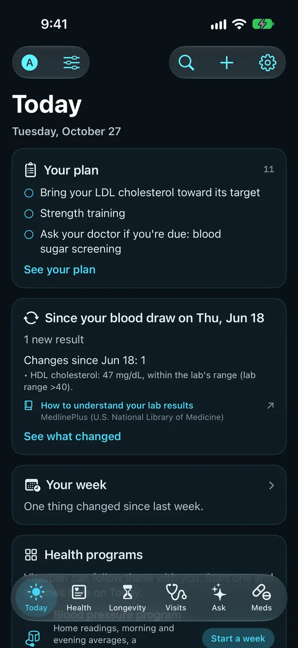 Today: your plan (bring your LDL cholesterol toward its target, strength training, and ask your doctor whether blood sugar screening is due), one new result since your blood draw, your week and health programs.