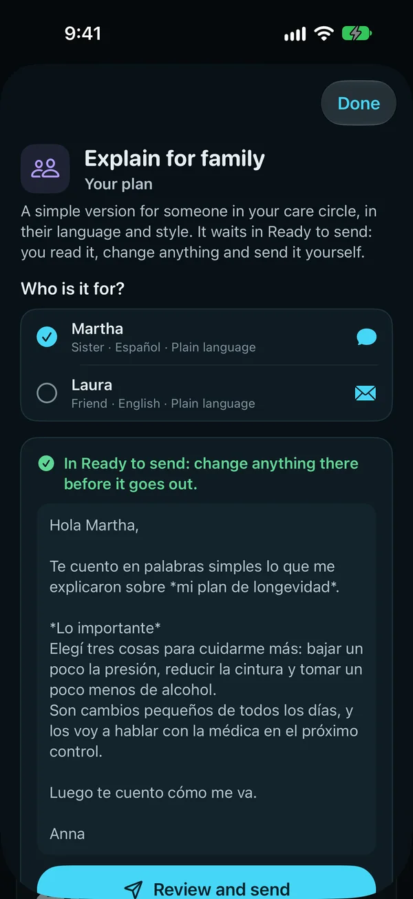 Explain for family, about your plan: a simple version for someone in your care circle, in their language and style; who it's for, a sister who reads Spanish and a friend who reads English, and the note in Spanish, ready to review and send.