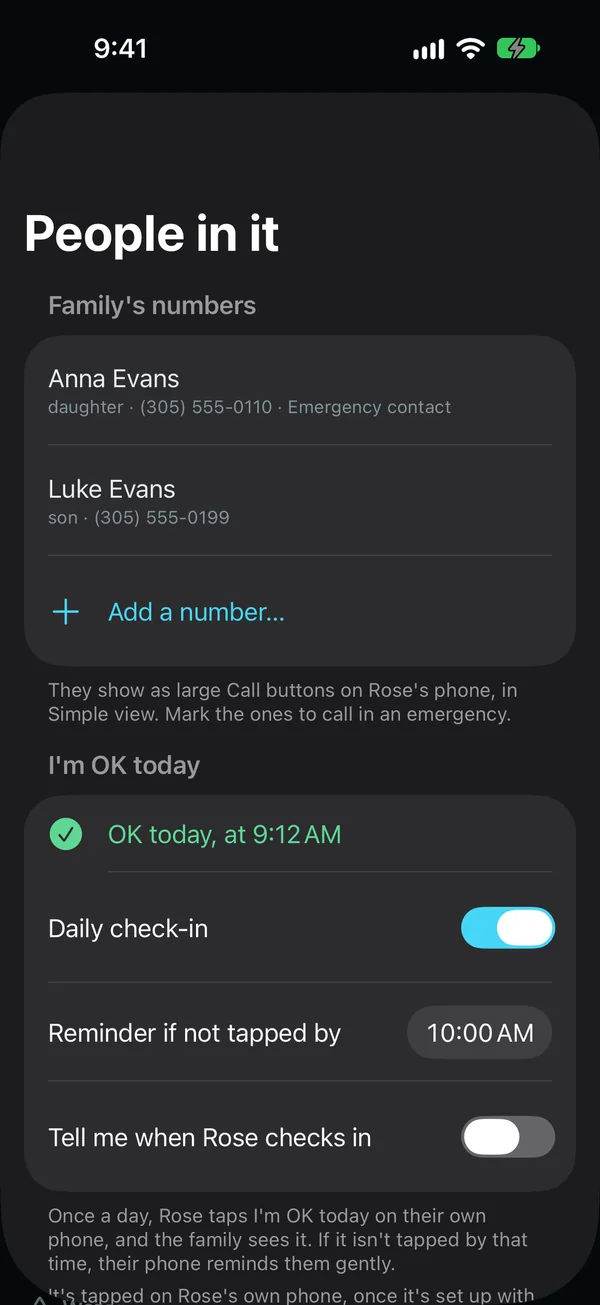 A parent's profile on the family's phone: the family's numbers, her daughter as the emergency contact and her son, shown as large Call buttons on her phone, and I'm OK today, tapped at 9:12 AM, with the daily check-in on.