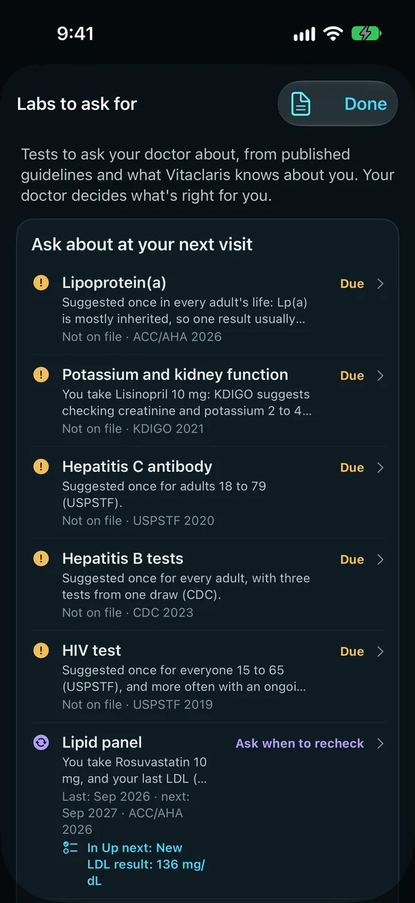 Labs to ask for: tests to ask your doctor about, from published guidelines and what Vitaclaris knows about you. To ask about at your next visit, each with its reason and its source: lipoprotein(a), potassium and kidney function, hepatitis C and B, and HIV, none on file yet; then the lipid panel and HbA1c, with a note to ask when to recheck.