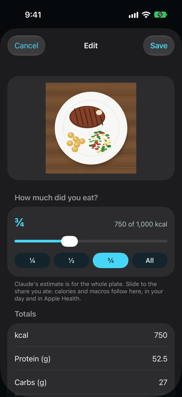 A plate's photo, steak with potatoes and salad: how much you ate, three quarters, 750 of 1,000 kcal from Claude's estimate for the whole plate, with its totals.