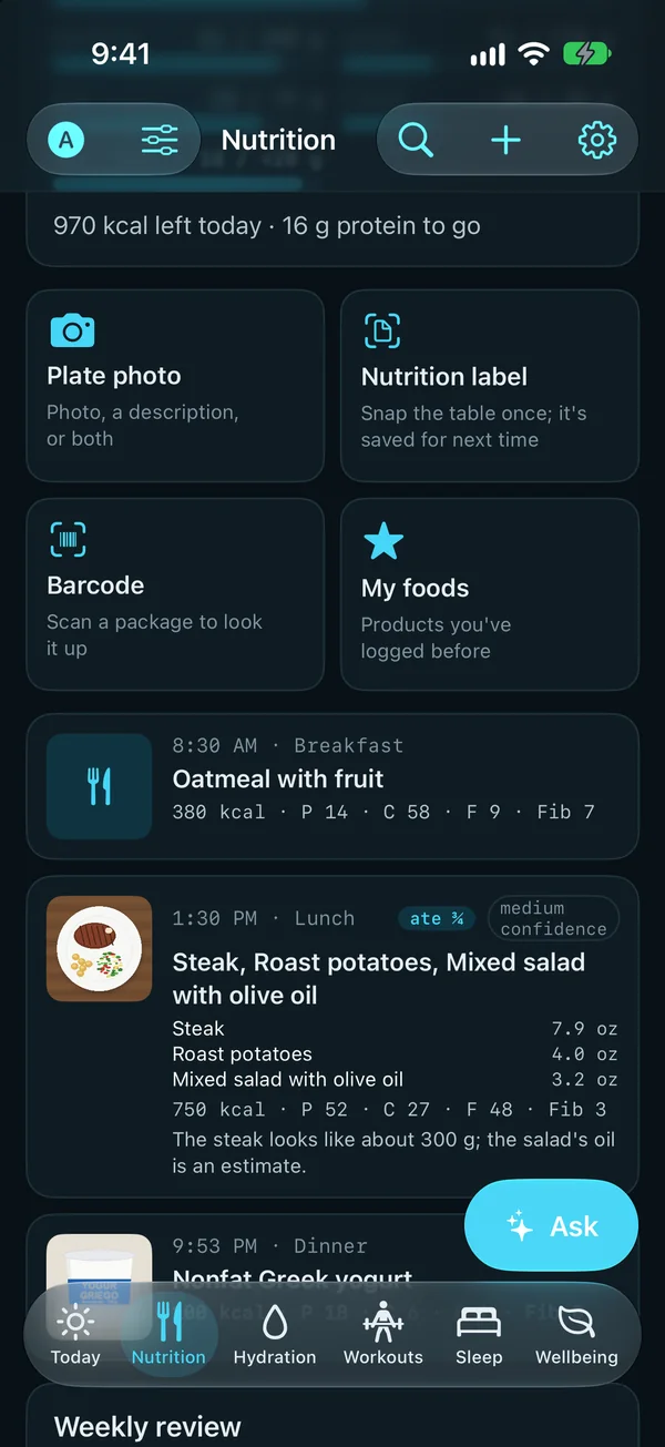 Nutrition: 970 kcal and 16 g of protein left today; four ways to log a meal (a plate photo, a nutrition label, a barcode and your saved foods); then today's meals: oatmeal with fruit for breakfast, and a lunch of steak, roast potatoes and a mixed salad logged from a photo, three quarters eaten.