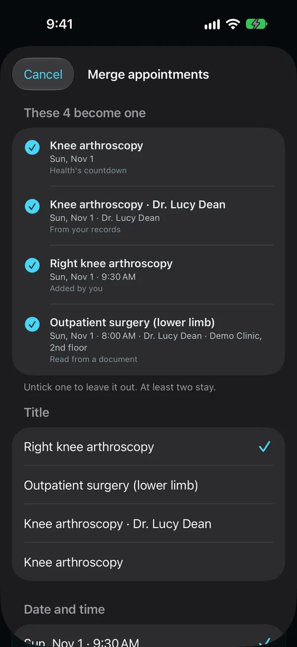 Merge appointments: the same knee arthroscopy, entered four ways (Health's countdown, your records, your own entry and a document), becomes one. Untick one to leave it out.