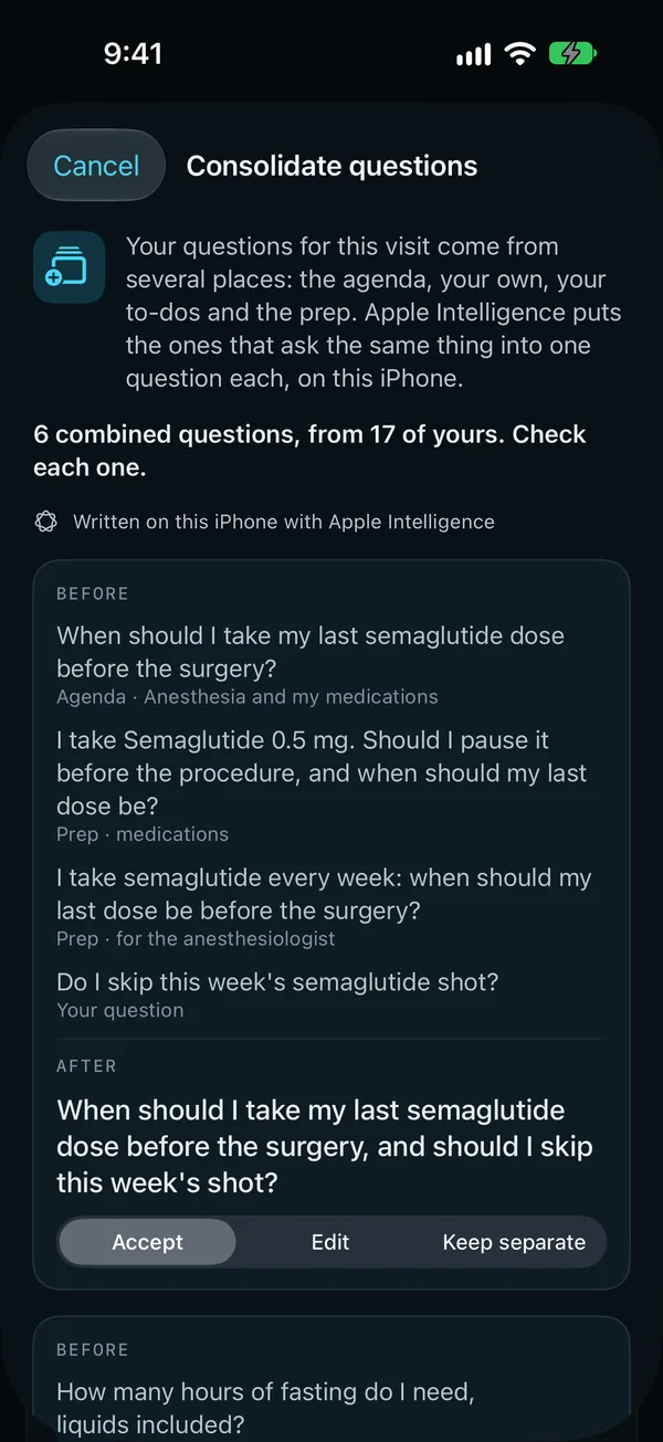 Consolidate questions on the iPhone: Apple Intelligence combines the questions that ask the same thing, on this iPhone, and you check each one.