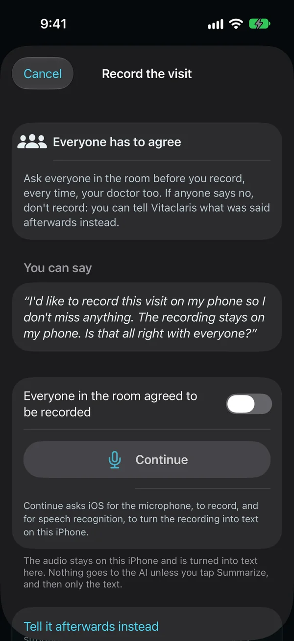Record the visit: everyone has to agree, with words you can say to ask, a switch to confirm everyone in the room agreed, and the audio stays on this iPhone.