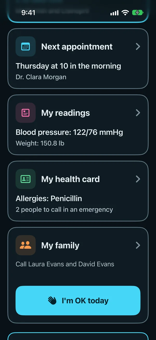 Simple view on a parent's own phone: the next appointment on Thursday at 10 in the morning, her readings, her health card with an allergy and two people to call, the family's Call tile, and the big I'm OK today button.