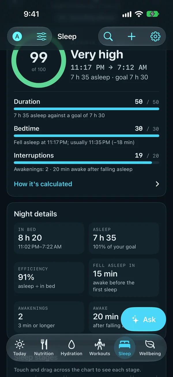 Sleep: last night's score, 99 of 100, very high: 7 hours 35 asleep against a 7 hours 30 goal, its duration, bedtime and interruptions, then the night's details.
