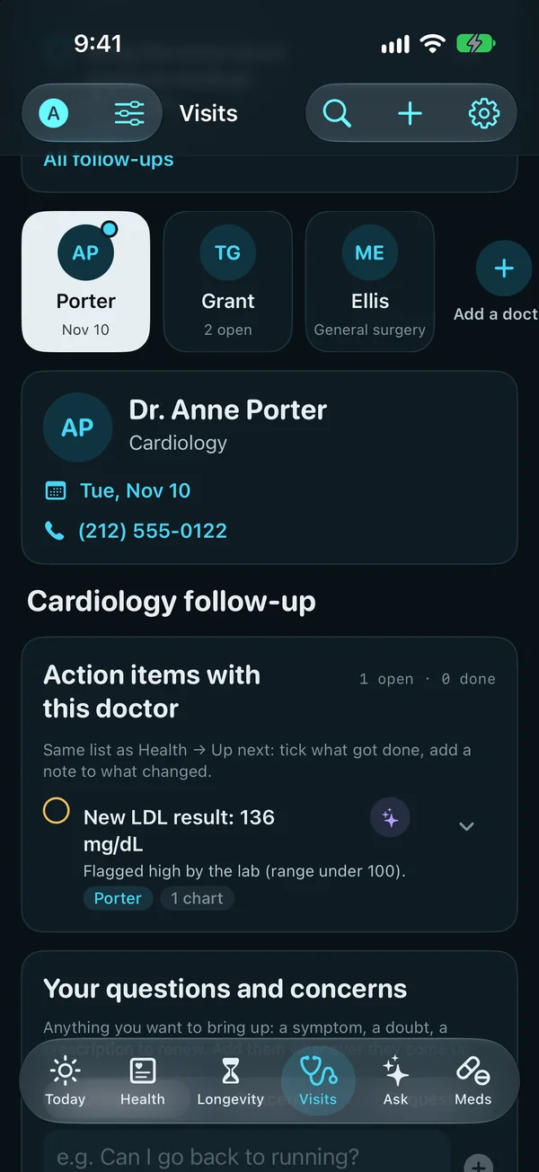 Visits: three doctors side by side, a cardiologist with the next visit on November 10, an internist with 2 open items and a general surgeon; then the cardiologist's page, with her phone, the cardiology follow-up and its action item, a new LDL result of 136 mg/dL flagged high by the lab.