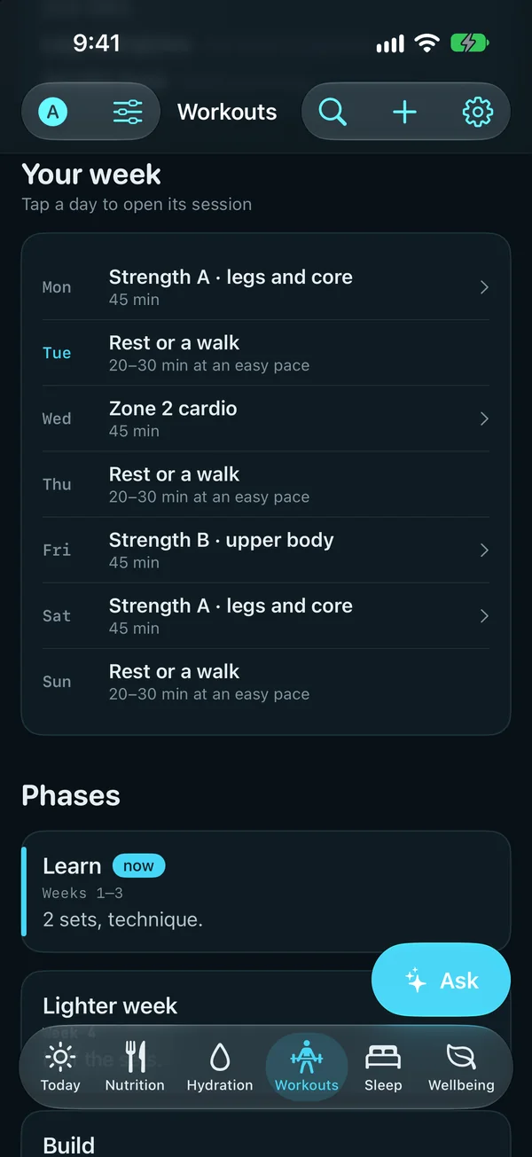 Your workout plan: the week, with strength sessions on Monday, Friday and Saturday, zone 2 cardio on Wednesday, and rest or a walk on the other days; then its phases, starting with Learn, weeks 1 to 3, two sets with a focus on technique.