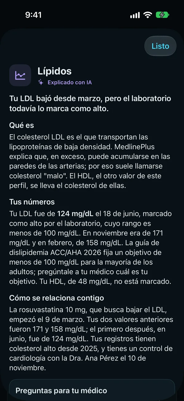 Lípidos, explicado con IA: tu LDL bajó desde marzo, pero el laboratorio todavía lo marca como alto; después, qué es el LDL, tus números frente al rango del laboratorio, cómo se relaciona tu medicación y preguntas para tu médico.