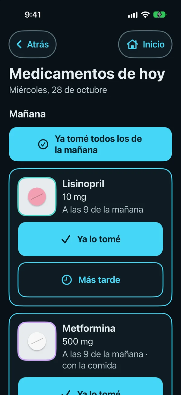 Medicamentos de hoy en la Vista simple: Ya tomé todos los de la mañana, después Lisinopril 10 mg a las 9 de la mañana con botones grandes de Ya lo tomé y Más tarde, y Metformina 500 mg con la comida.