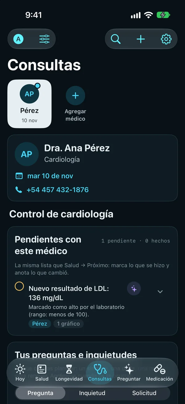 Consultas: la página de una cardióloga, con la próxima consulta el martes 10 de noviembre, los pendientes del control de cardiología, primero un nuevo resultado de LDL marcado como alto por el laboratorio, y un lugar para tus preguntas.