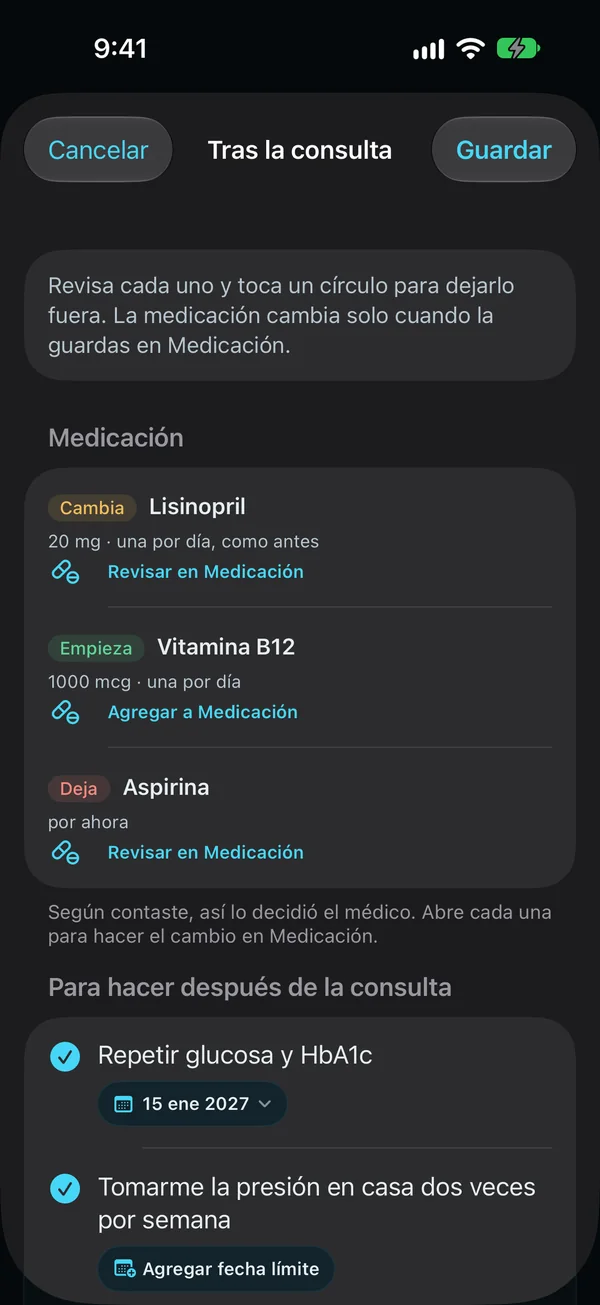 Tras la consulta: los cambios de medicación para revisar (Lisinopril cambia a 20 mg, empieza la vitamina B12, deja la aspirina por ahora), cada uno para revisar en Medicación, y lo que queda para después de la consulta: repetir glucosa y HbA1c el 15 de enero y tomarse la presión en casa dos veces por semana.
