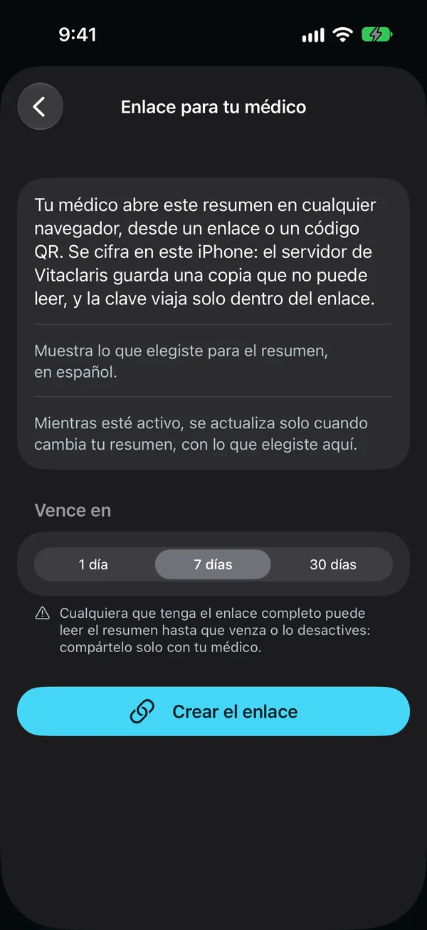 Enlace para tu médico: tu médico abre el resumen en cualquier navegador. Se cifra en este iPhone, se actualiza solo mientras está activo y vence en 1, 7 o 30 días, con Crear el enlace.