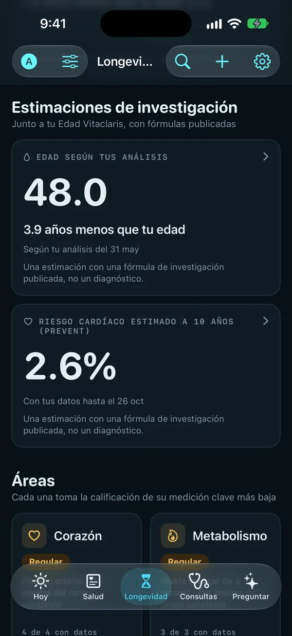 Las estimaciones de investigación de Longevidad: una edad según sus análisis de 48,0, 3,9 años menos que la edad de la persona, según un análisis del 26 de mayo, y un riesgo cardíaco estimado a 10 años de 2,6%, cada uno una estimación con una fórmula de investigación publicada, no un diagnóstico; después, las áreas Corazón y Metabolismo, cada una Regular.