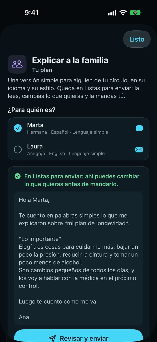Explicar a la familia, sobre tu plan: una versión simple para alguien de tu círculo, en su idioma y su estilo; para quién es, una hermana que lee en español y una amiga que lee en inglés, y la nota en español, lista para revisar y enviar.