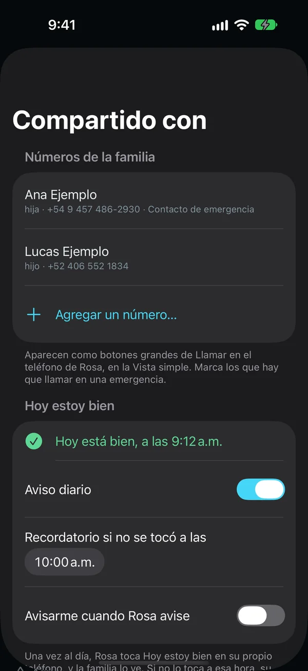 El perfil de una mamá en el teléfono de la familia: los números de la familia, su hija como contacto de emergencia y su hijo, que aparecen como botones grandes de Llamar en su teléfono, y Hoy estoy bien, tocado a las 9:12 a. m., con el aviso diario activado.