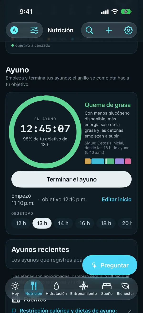 Ayuno: un ayuno en 12 horas 45 minutos de un objetivo de 13 horas, 98%, en la etapa de quema de grasa, con la etapa siguiente y las opciones de objetivo.