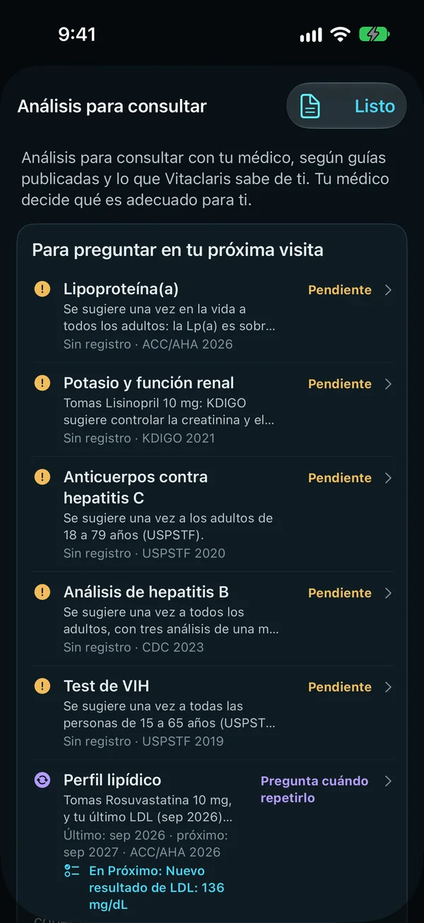 Análisis para consultar: estudios para consultar con tu médico, según guías publicadas y lo que Vitaclaris sabe de ti. Para preguntar en tu próxima visita, cada uno con su motivo y su fuente: lipoproteína(a), potasio y función renal, hepatitis C y B, y VIH, todavía sin registro; después, el perfil lipídico y la HbA1c, con una nota para preguntar cuándo repetirlos.