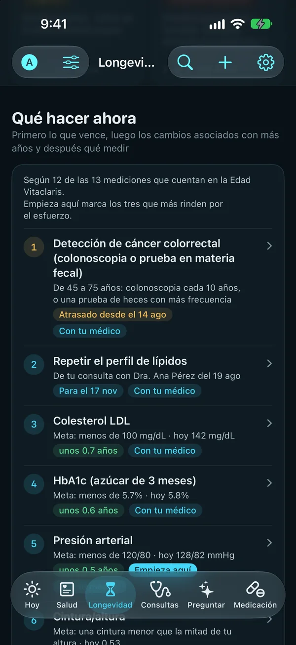 Qué hacer ahora: una detección de cáncer colorrectal atrasada y un perfil de lípidos que vence por una consulta, después el colesterol LDL, la HbA1c y la presión arterial, cada uno con su meta, dónde está hoy y con cuántos años se asocia, más o menos; la presión está marcada Empieza aquí.