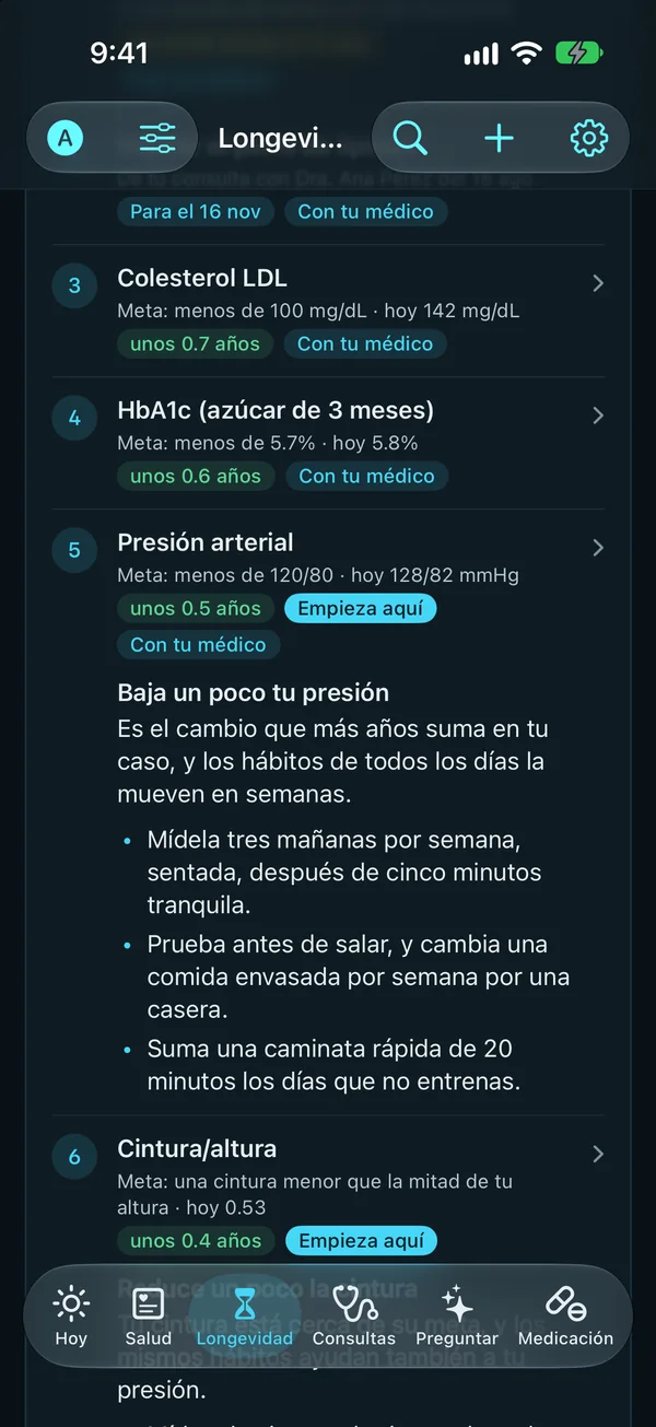 Longevidad, los pasos que siguen: el colesterol LDL, la HbA1c y la presión arterial, cada uno con su meta, dónde está hoy y unos cuántos años se asocia; y el plan de Claude para la presión: por qué va primero y tres hábitos de todos los días.