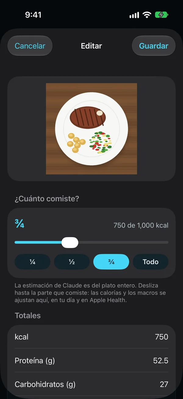 La foto de un plato, bistec con papas y ensalada: cuánto comiste, tres cuartos, 750 de 1,000 kcal de la estimación de Claude para el plato entero, con sus totales.