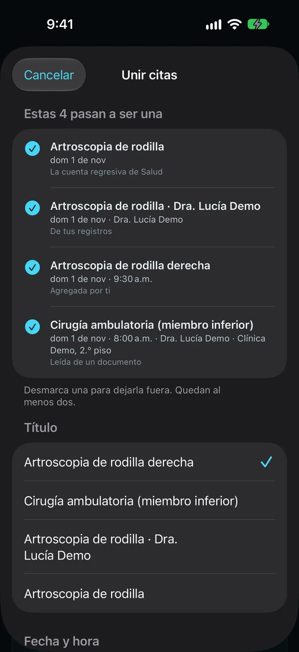 Unir citas: la misma artroscopia de rodilla, cargada de cuatro formas (la cuenta regresiva de Salud, tus registros, tu propia carga y un documento), pasa a ser una. Desmarca una para dejarla fuera.