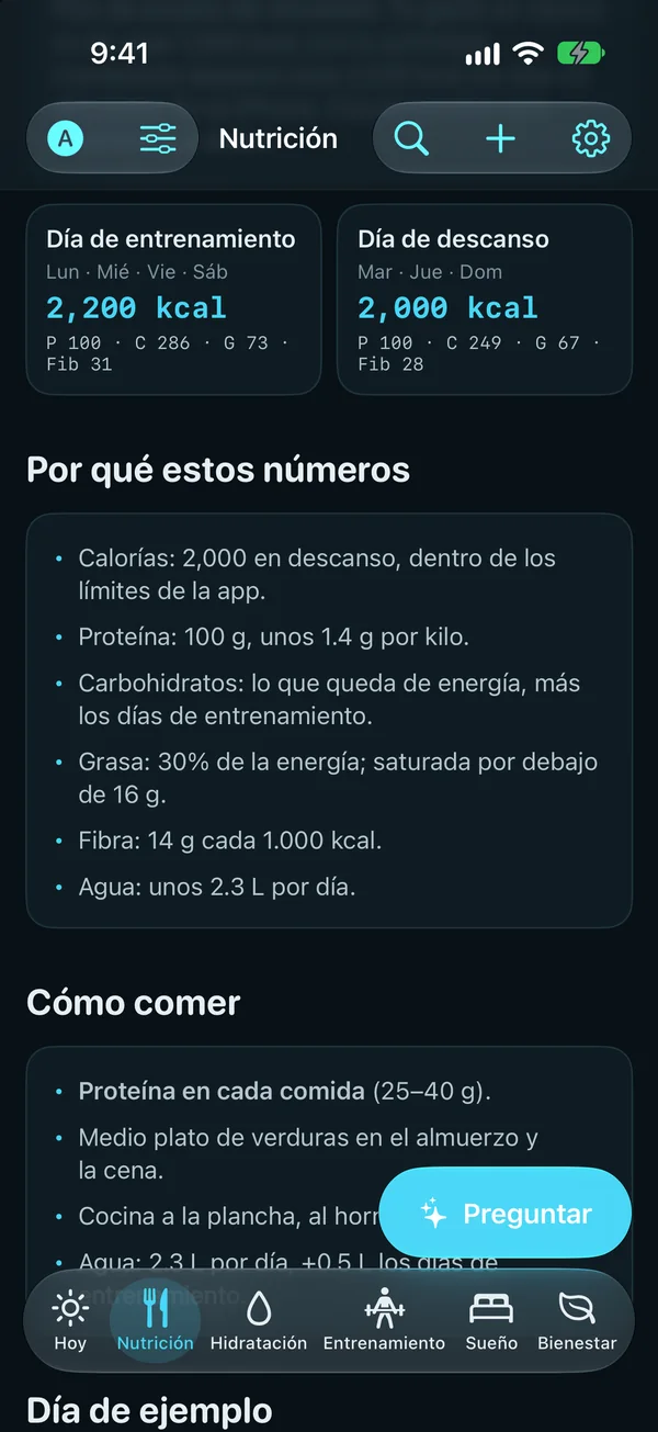 Tu plan de nutrición: los días de entrenamiento con 2,200 kcal y los de descanso con 2,000 kcal, cada uno con su proteína, carbohidratos, grasa y fibra; por qué estos números; y cómo comer.