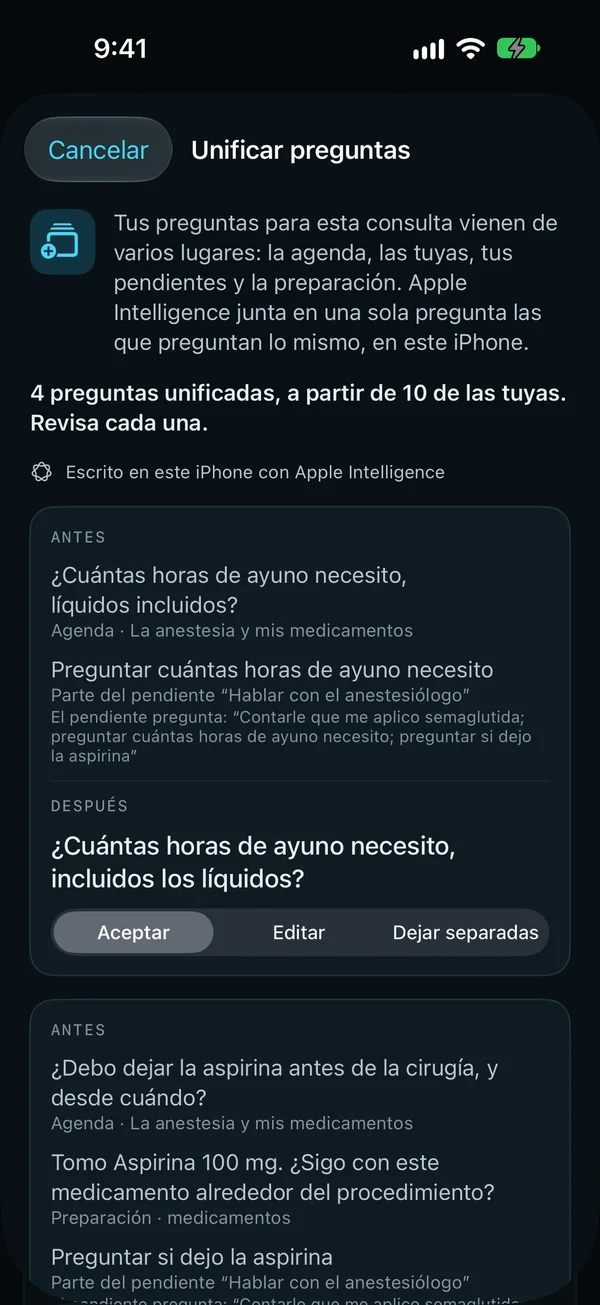 Unificar preguntas en el iPhone: Apple Intelligence junta las preguntas que preguntan lo mismo, en este iPhone, y tú revisas cada una.