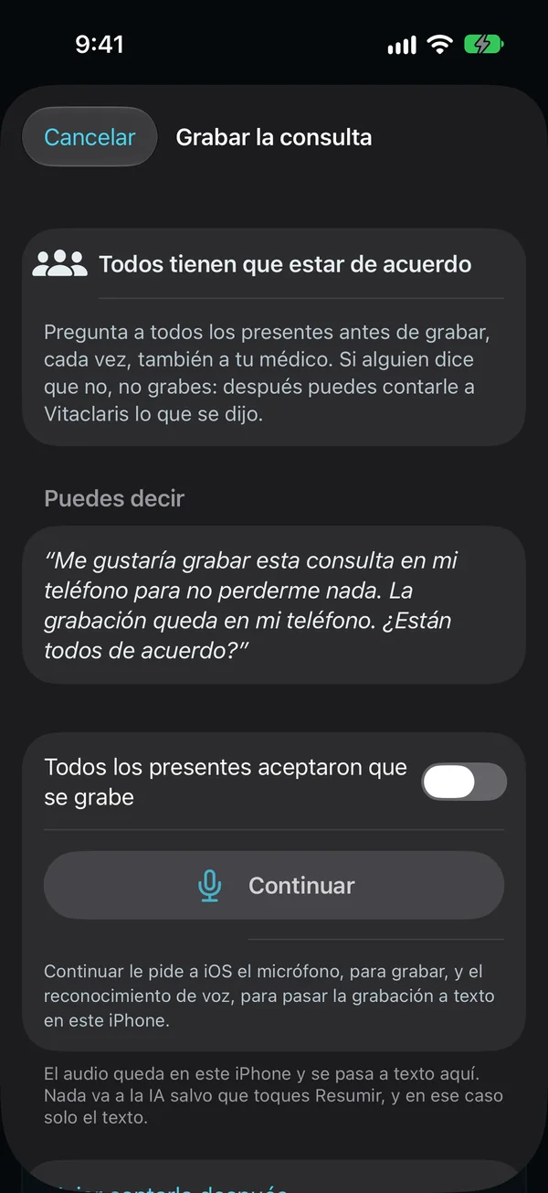 Grabar la consulta: todos tienen que estar de acuerdo, con palabras para pedirlo, un interruptor para confirmar que todos los presentes aceptaron, y el audio queda en este iPhone.