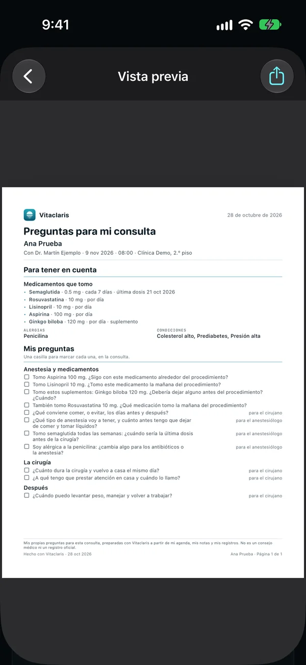 Compartir mis preguntas: una hoja de una página para la consulta, con la fecha y el lugar, los medicamentos, las alergias y las condiciones, y cada pregunta abierta con una casilla para marcar.