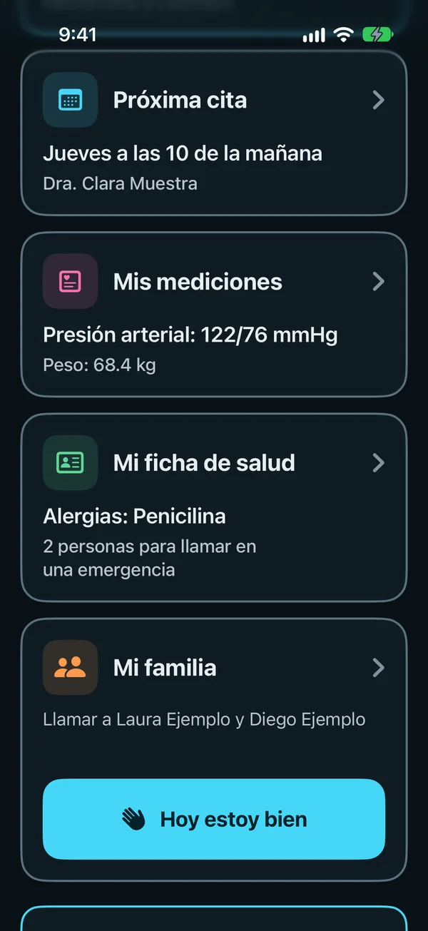 La Vista simple en el teléfono de tu mamá: la próxima cita el jueves a las 10 de la mañana, sus mediciones, su ficha de salud con una alergia y dos personas para llamar, el botón para llamar a la familia y el botón grande Hoy estoy bien.