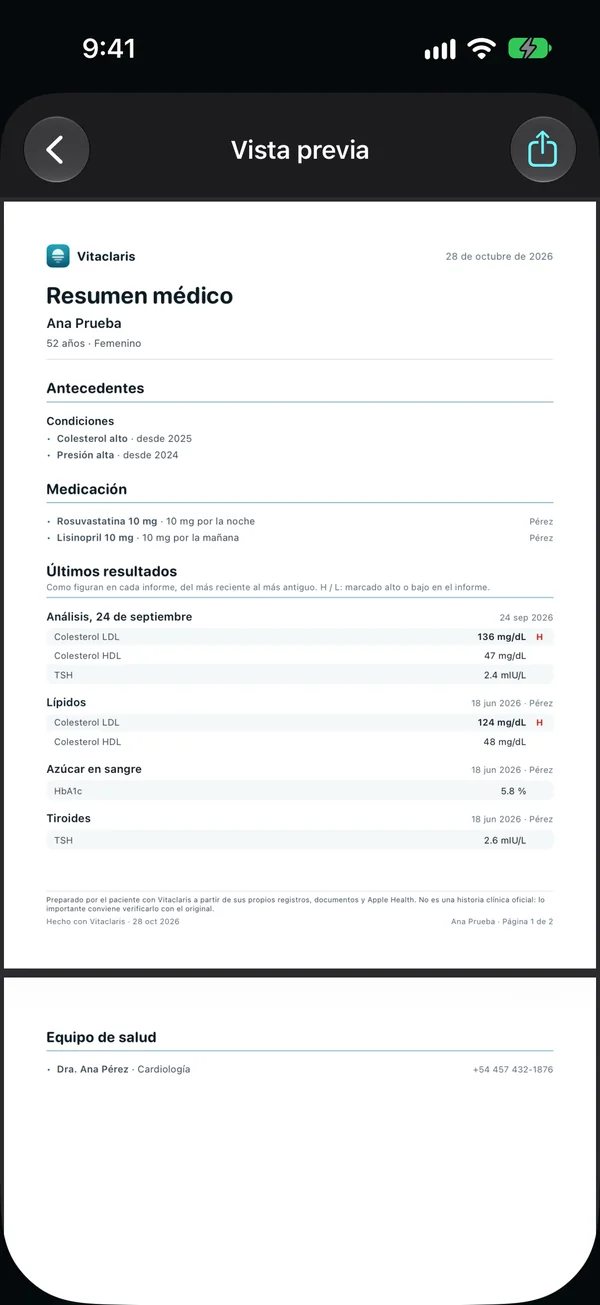 La vista previa del resumen médico: condiciones, dos medicamentos, los últimos resultados como figuran en cada informe, con el LDL marcado como alto, y el equipo de salud.