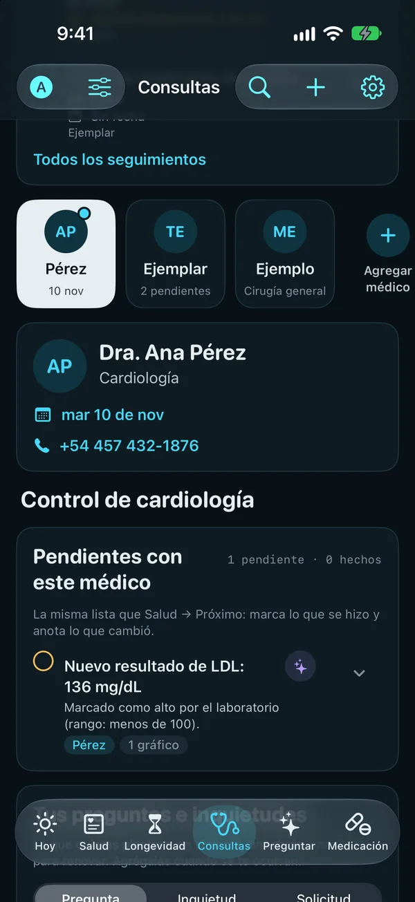 Consultas: tres médicos uno al lado del otro, una cardióloga con la próxima consulta el 10 de noviembre, un clínico con 2 pendientes y un cirujano general; después la página de la cardióloga, con su teléfono, el control de cardiología y su pendiente, un nuevo resultado de LDL de 136 mg/dL marcado como alto por el laboratorio.